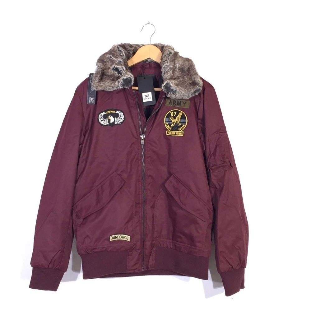 XRAY Maroon Faux Fur Airforce Bomber Patch Jacket L